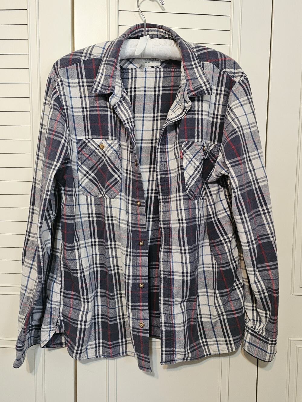 Levi Strauss Mens Plaid Flannel Shirt XL Blue White Red Long Sleeve Workwear